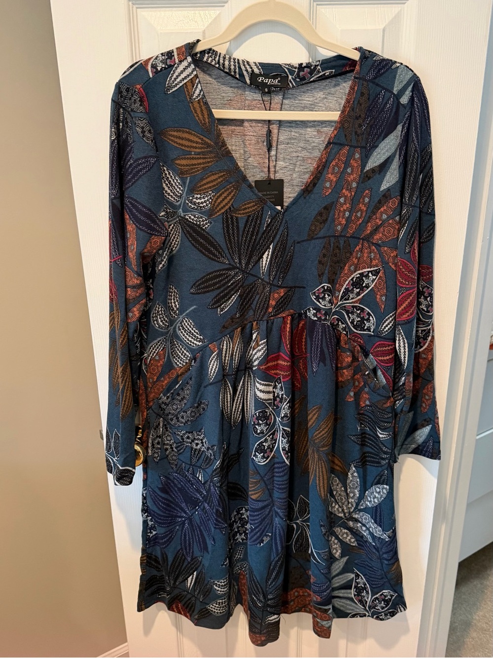 Papa Vancouver Floral V Neck Long Sleeve Swing Dress Blue Small NWT